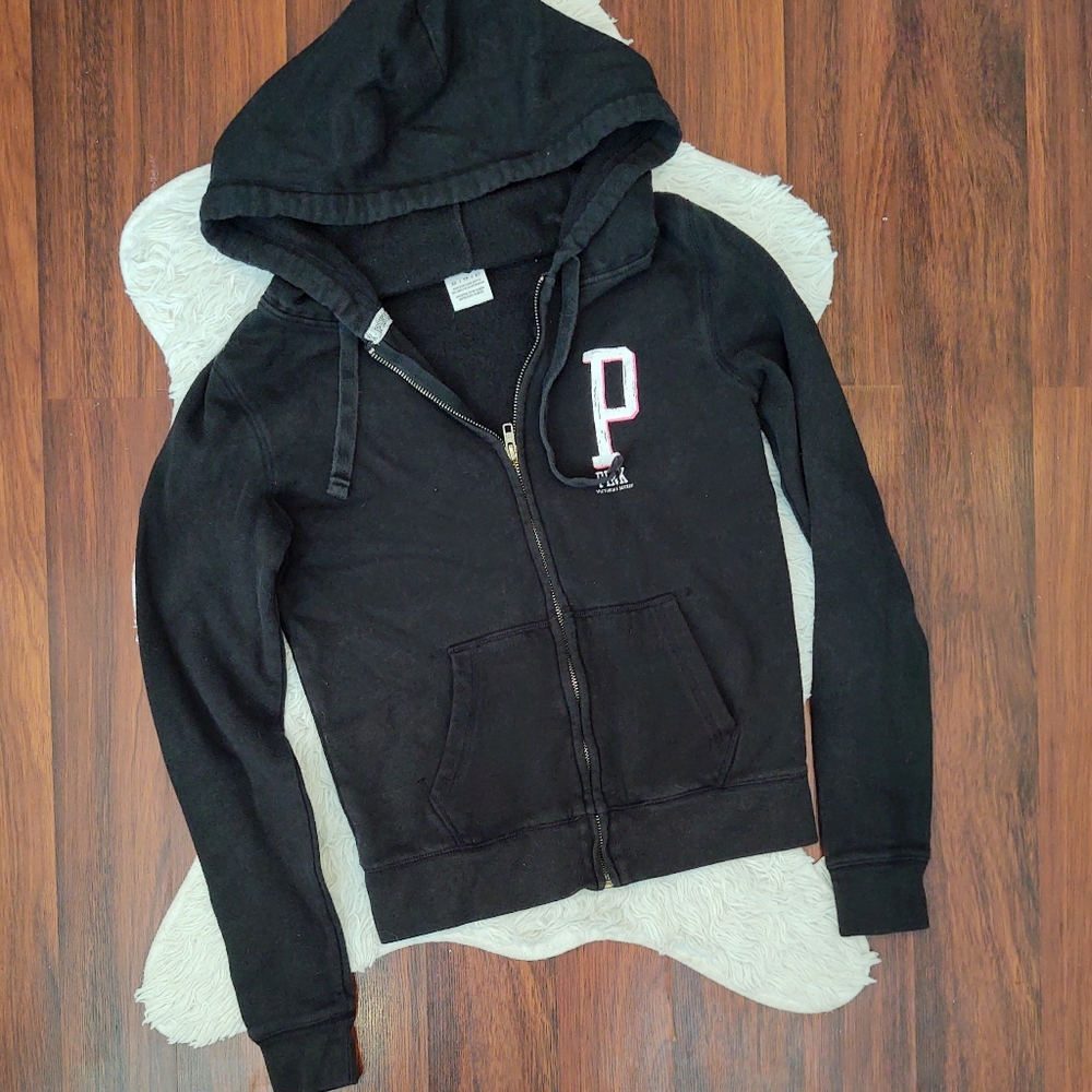 PINK Victoria's Secret Black Zip Up Hoodie with P Print
